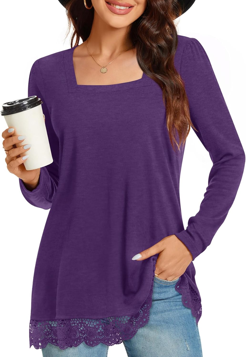 Netsmile Women's Casual Long Sleeve Square-Neck Tunic Tops Fall Winter Blouse wi...