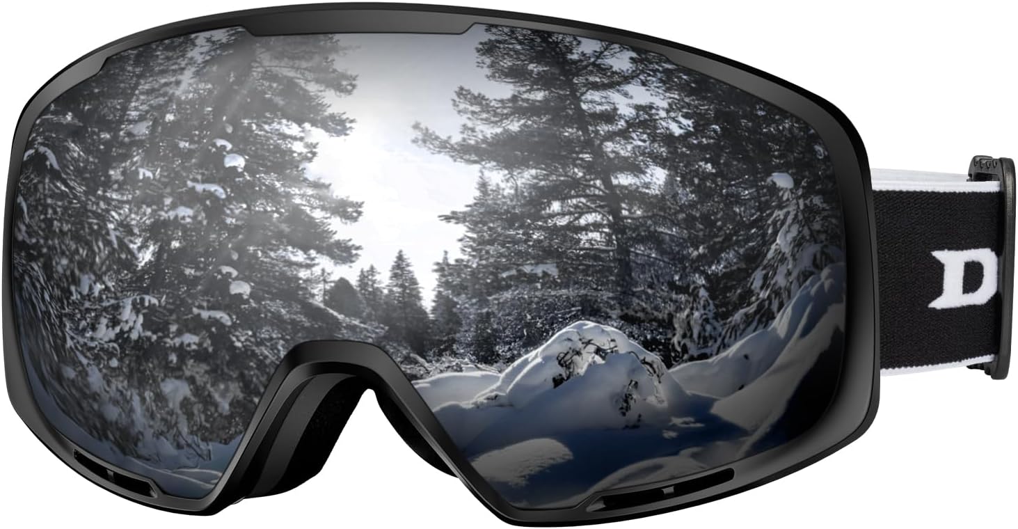 Ski Goggles-UV Protection Anti fog OTG Snow/Snowboard Goggles Blackframe Silverl...