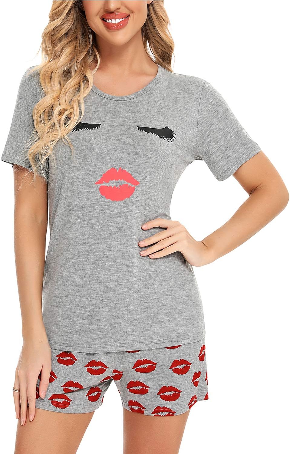 EISHOPEER Women's Pajamas Sets Cute Print Tee and Shorts Sleepwear Pjs Sets 2 Pi...