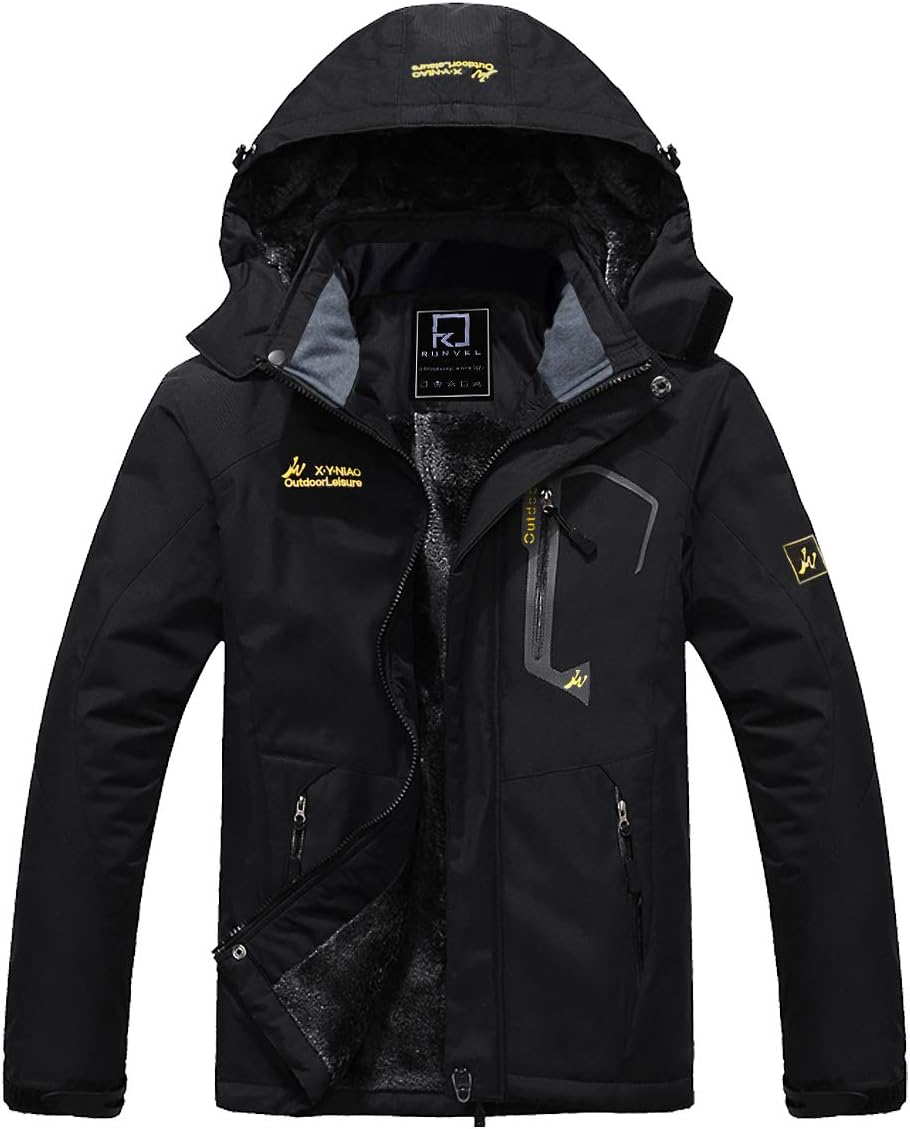 R RUNVEL Men's Waterproof Fleece Jacket Windproof Outdoor Multi-Pockets Winter C...