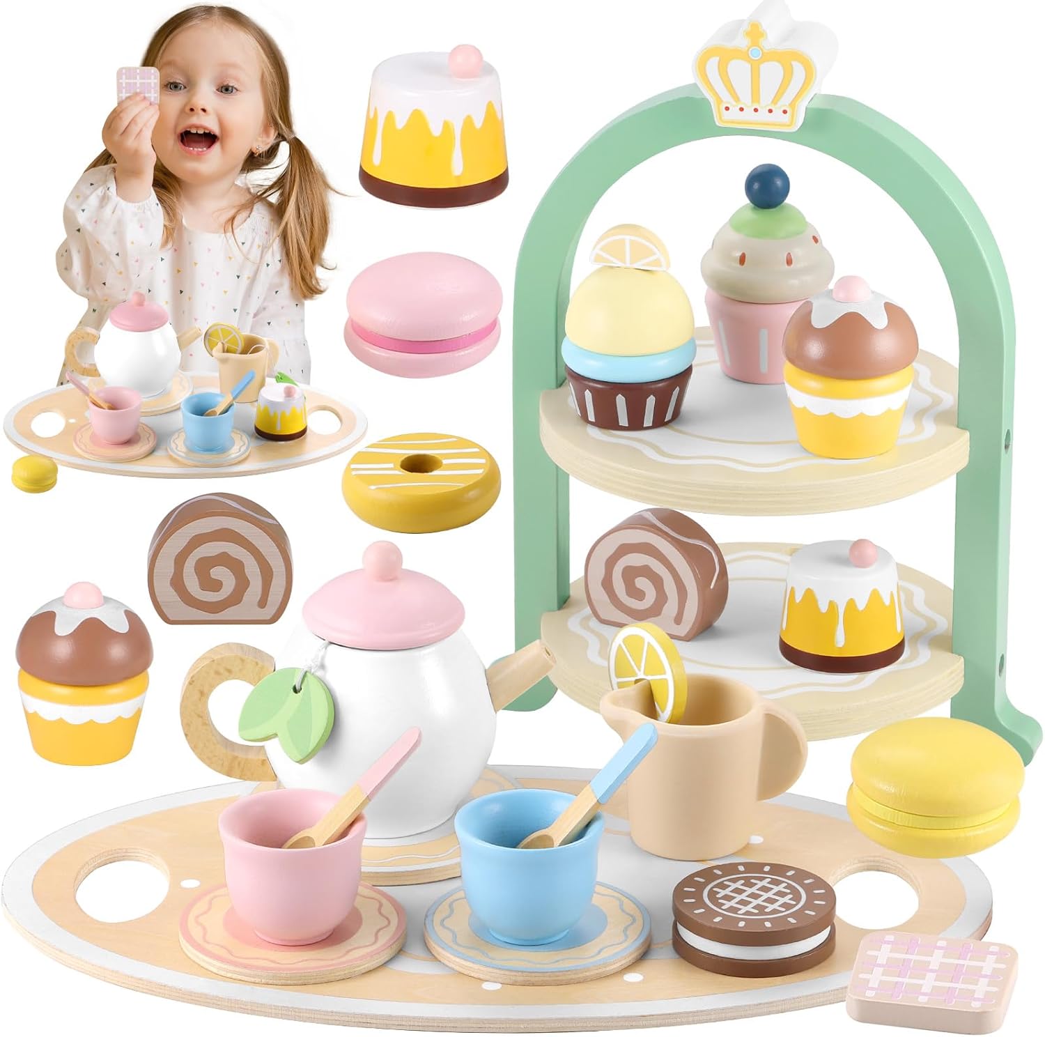 GAGAKU Wooden Tea Set for Toddlers Pretend Play Afternoon Tea Party Set with Cak...