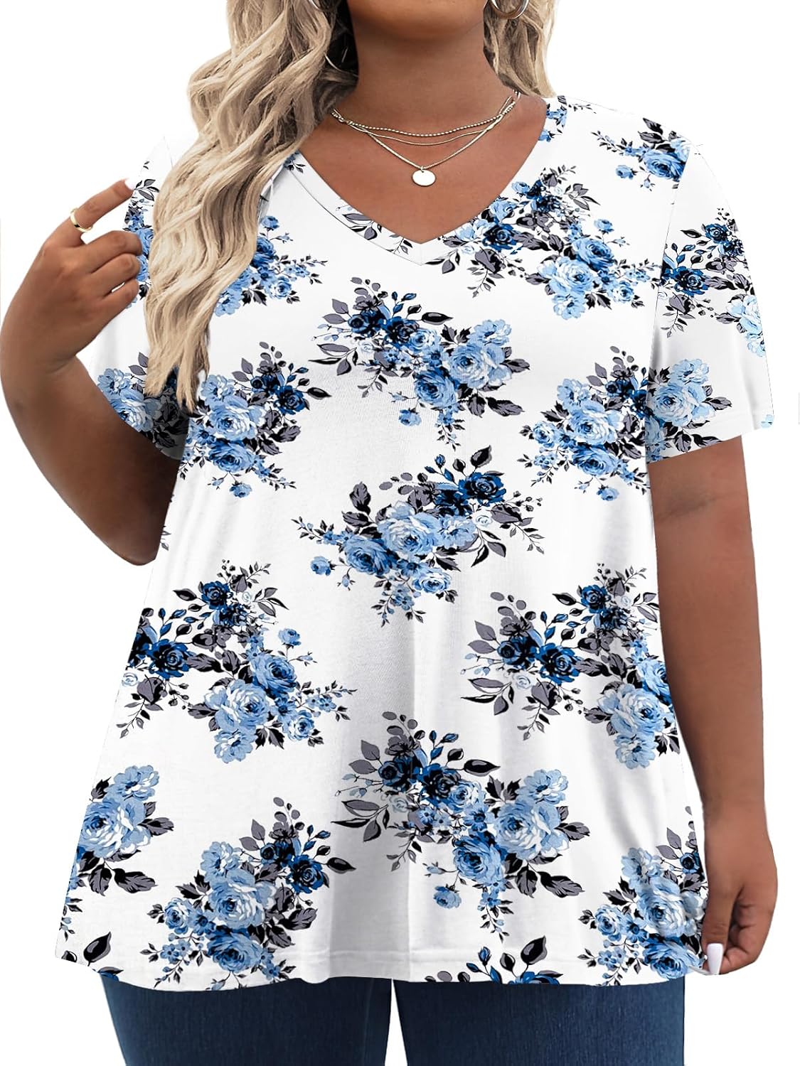 Tencede Womens Plus Size Tops Short Sleeve Tunic Shirts V Neck Summer Floral Loo...