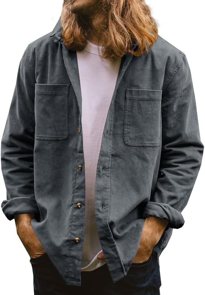 Gafeng Men's Casual Button Down Shirts Corduroy Long Sleeve Regular Fit Shacket...