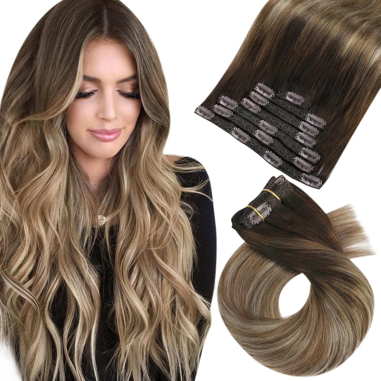 Moresoo Clip in Hair Extensions Balayage Brown Human Hair Clip in 18 Inch Ombre...