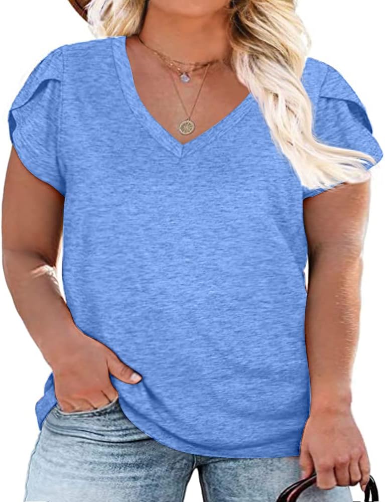 Womens Plus Size Tops V Neck T Shirts Casual Loose Petal Sleeve Tee Shirts XX-La...