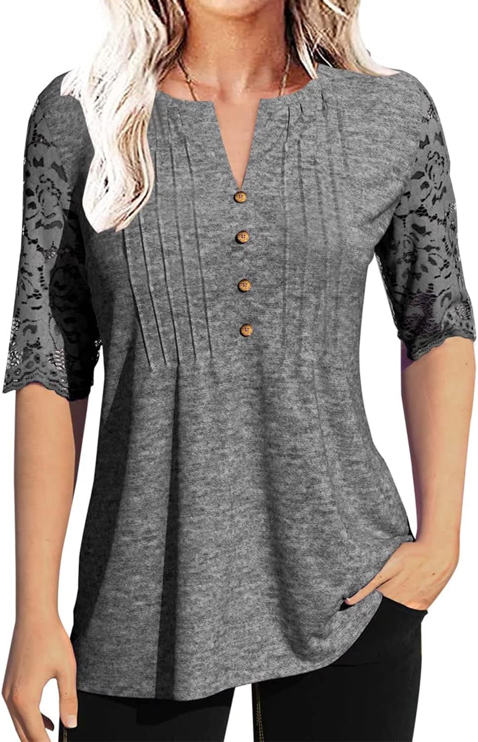 Women's Zipper Summer Pleated Button Short Sleeve T-Shirt Summer V-Neck Solid Co...