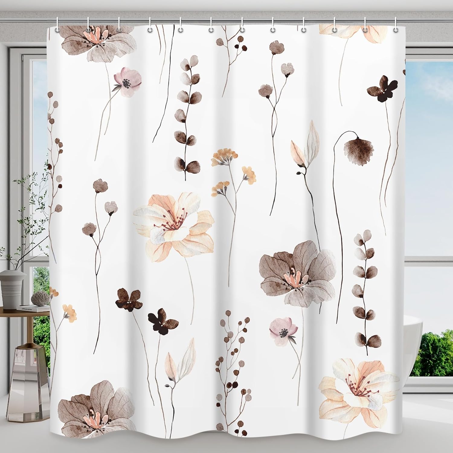 Shower Curtain Watercolor Flower Shower Curtain Sets - Spring Brown Floral Plant...