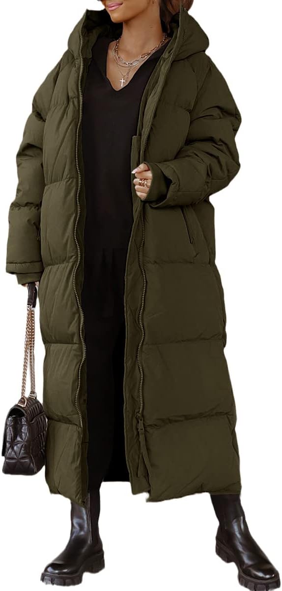 Shanfetl Women Long Quilted Coat Hooded Maxi Length Long Sleeve Puffer Jacket Pa...