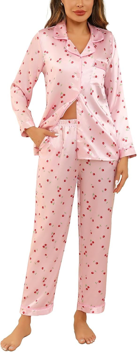 Anjue Silk Satin Pajamas Set Women's Long Sleeve Sleepwear Soft Pjs Set Two Piec...