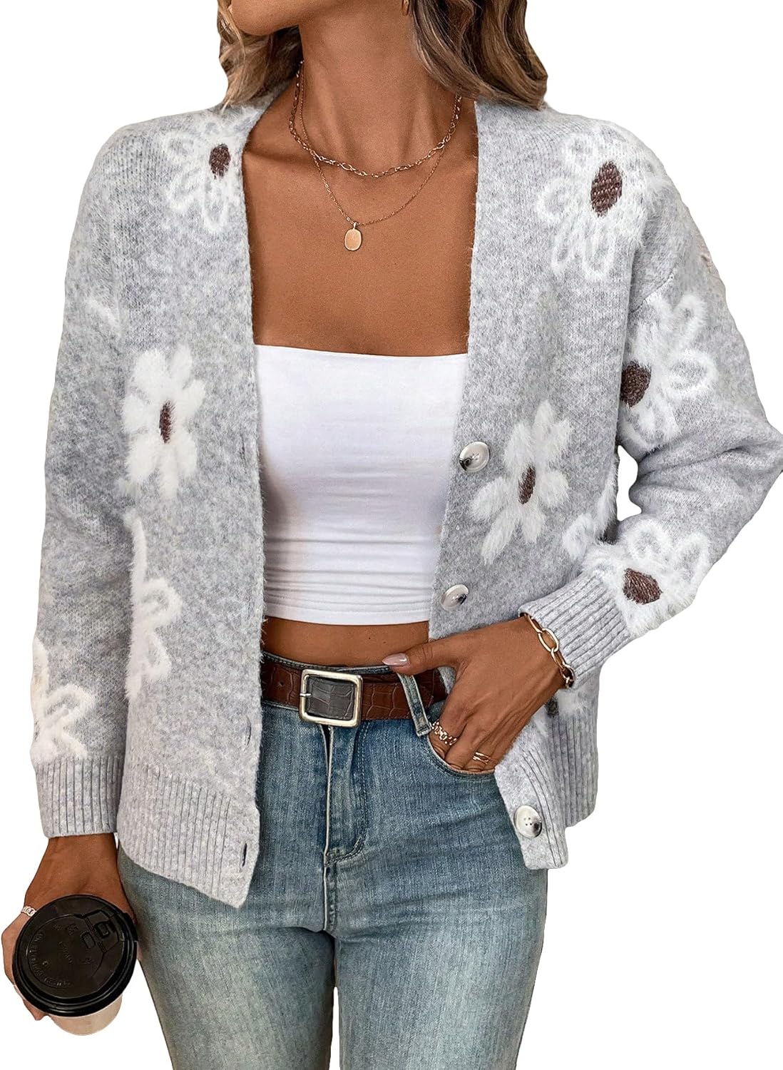 SHENHE Women's Floral Print Button Down Cardigan V Neck Drop Shoulder Knit Outer...