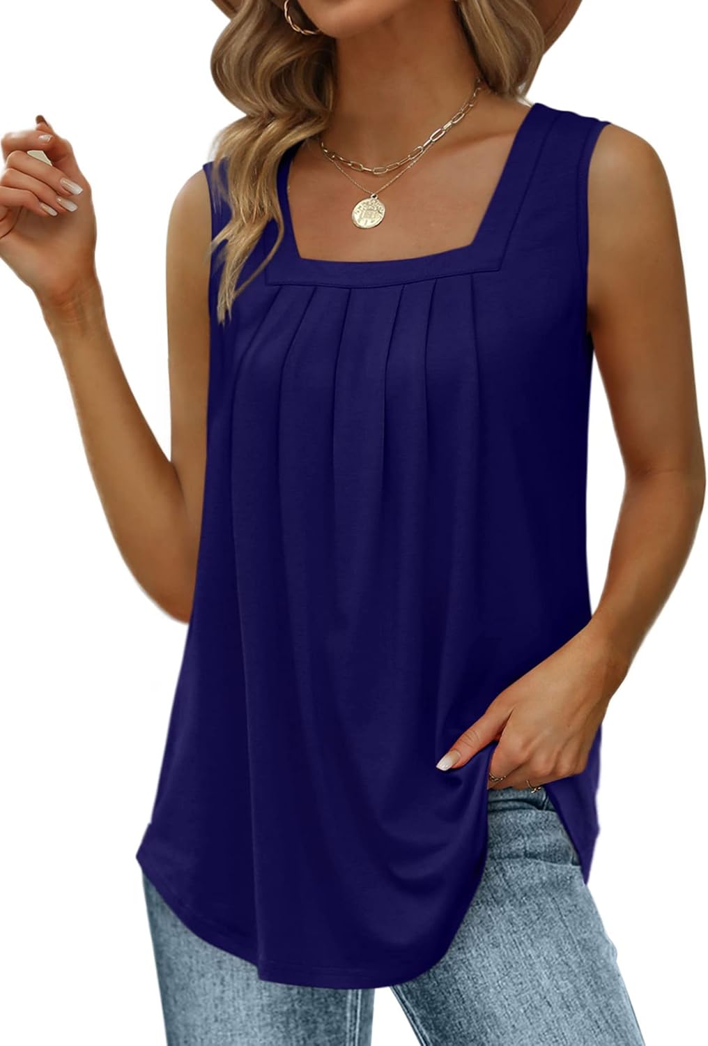 Saloogoe Summer Tank Tops for Women Loose Fit Pleated Square Neck Sleeveless Top...