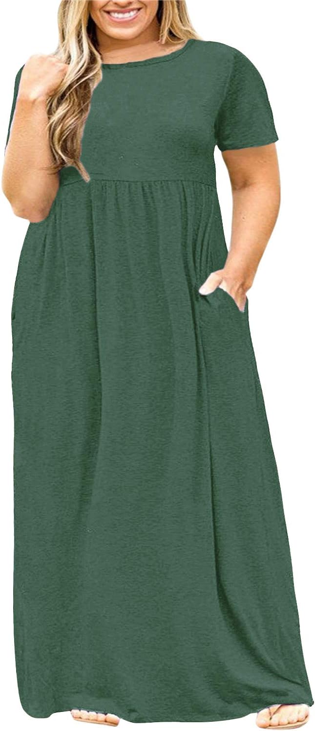 Nemidor Women Short Sleeve Loose Plain Casual Plus Size Long Maxi Dress with Poc...