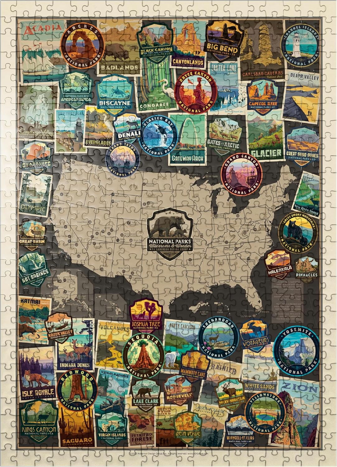 MyPuzzle 63 American National Parks: Collage Map, Vintage Poster - Premium 500 P...