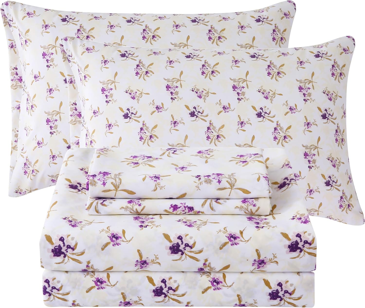 Viviland Floral Queen Sheet Set 4 Pieces Purple Flower Bed Sheet Soft Breathable...