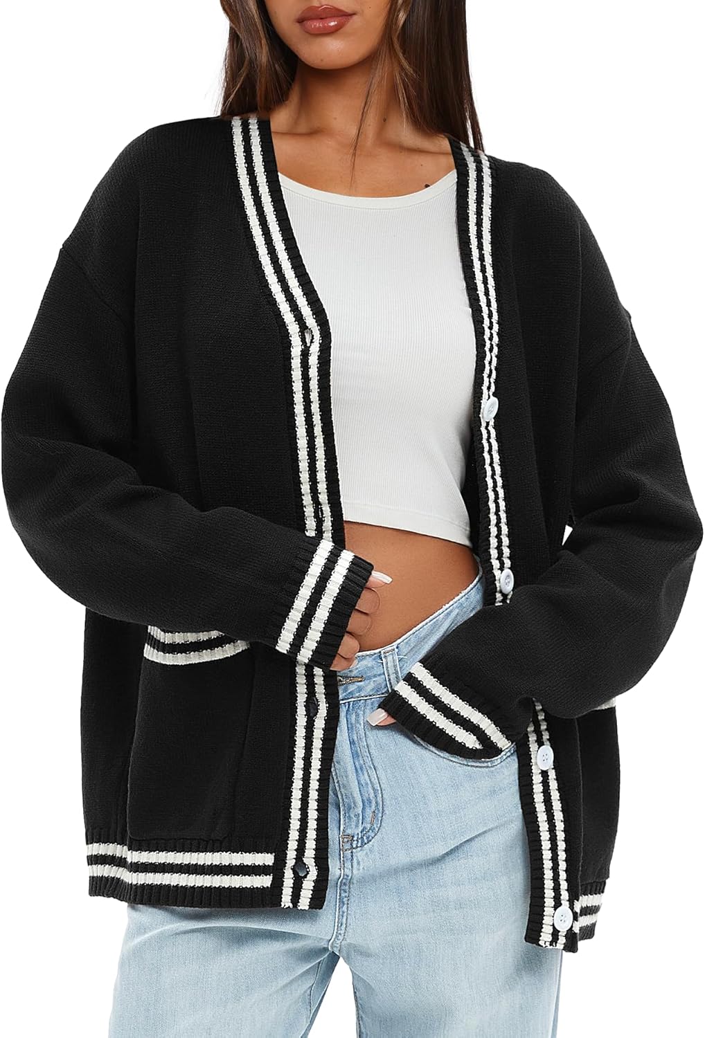 Darong Women Oversized Cardigan Sweaters Knit Button Front Stripes Trim Cardigan...