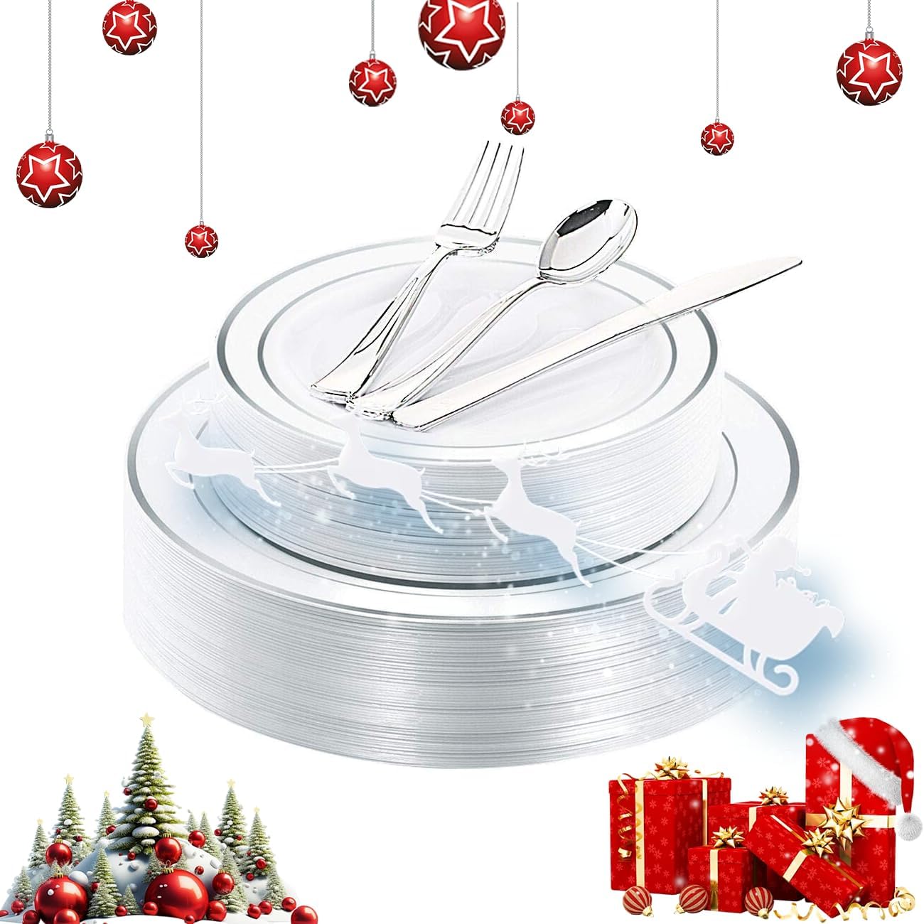 WDF 40Guest Christmas Silver Plastic Plates with Silver Silverware - White Plast...