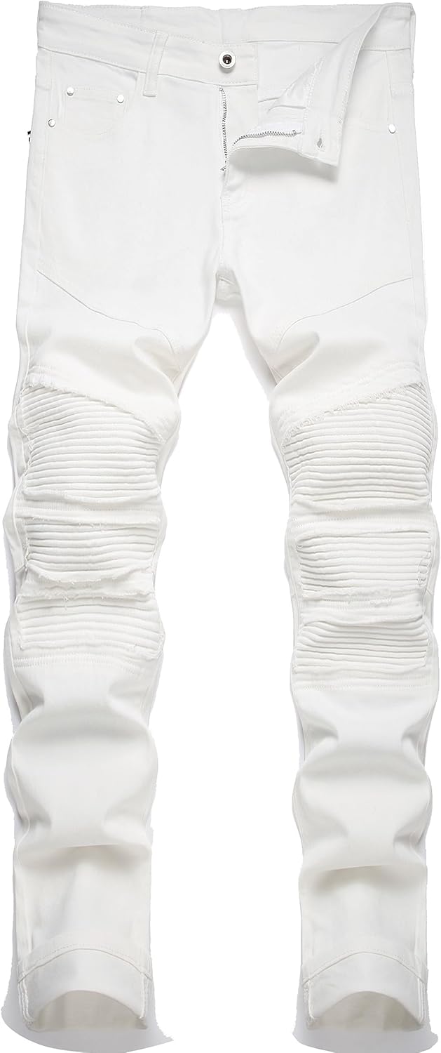 RXXKKK Men's Classic Zipper Biker Regular Fit Flex Jean 34 241 White