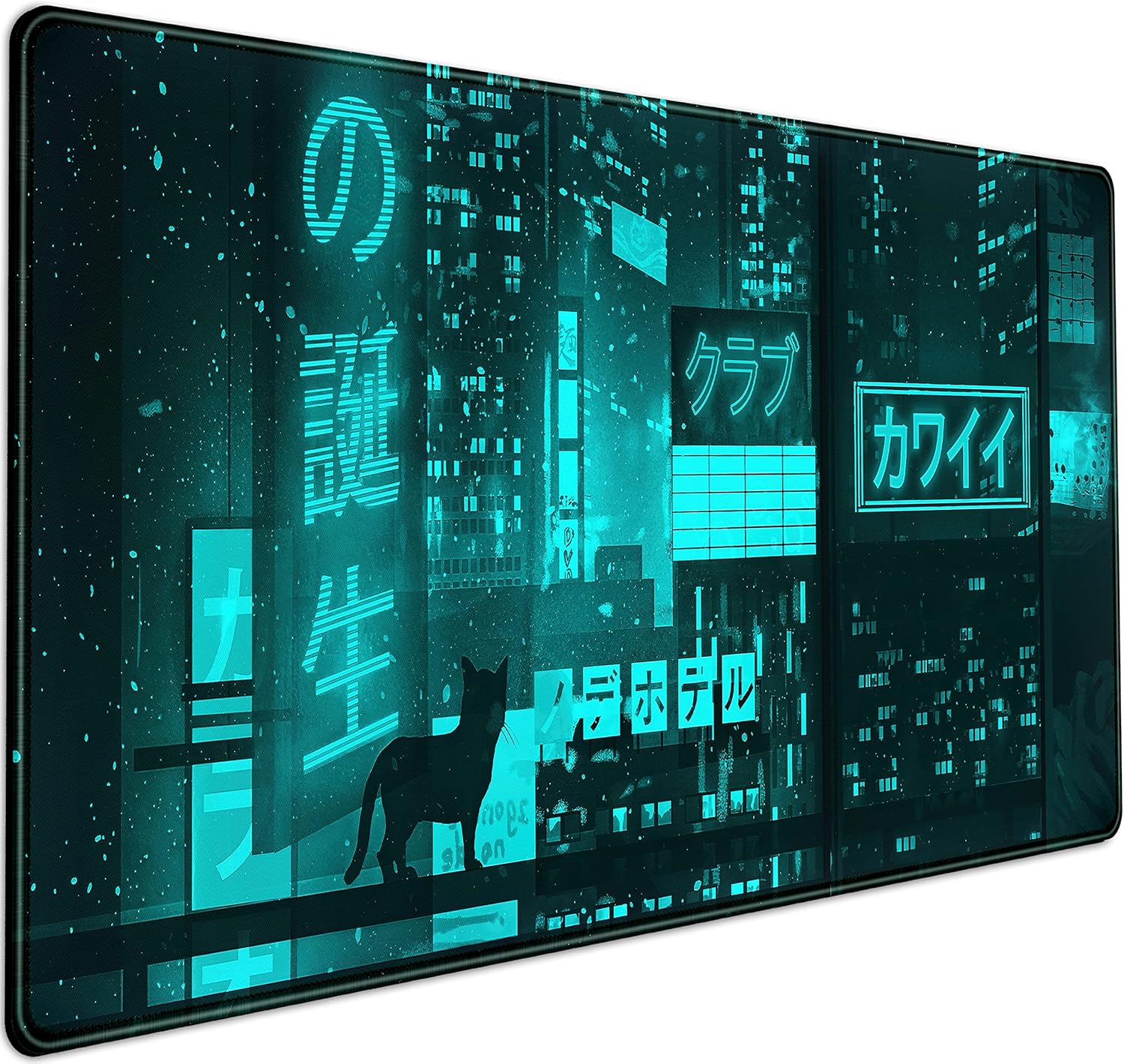 Cyan Green Japanese Desk Mat, Neon Tokyo Extended Mouse Pad Anime Cat Desk Pad,...