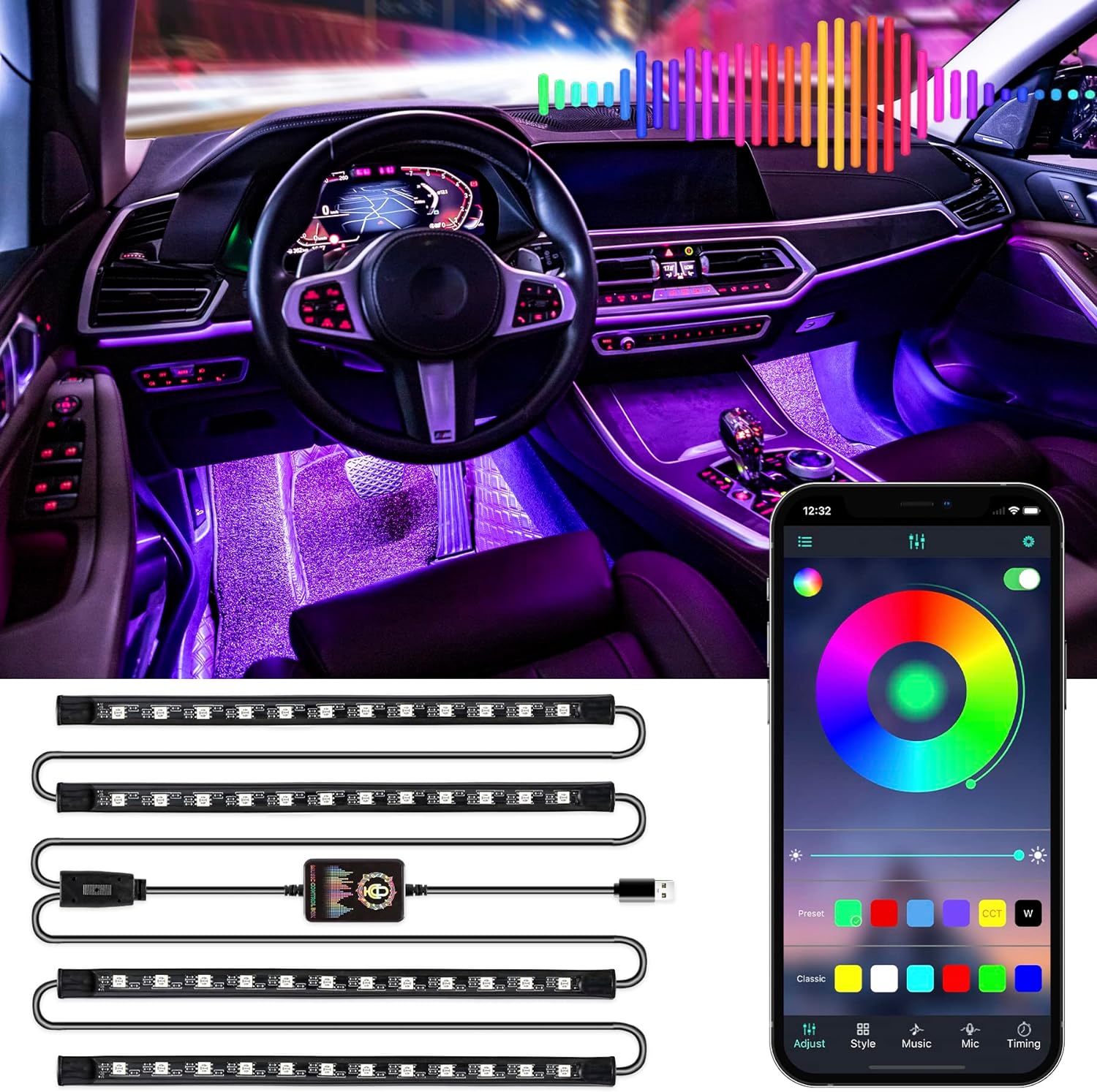 LivTee Smart RGB LED Interior Lights, 2 Lines Design with USB Port, App Control,...