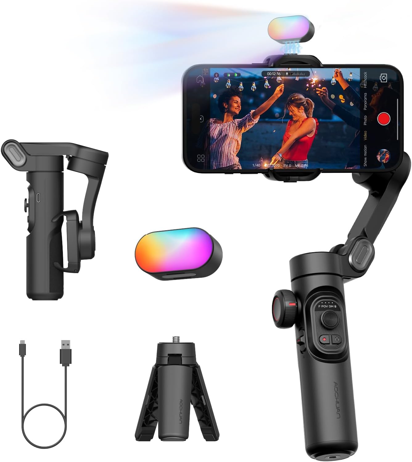 3-Axis Gimbal Stabilizer for Smartphone, Gimbal w/RGB Magnetic Fill Light Upgrad...