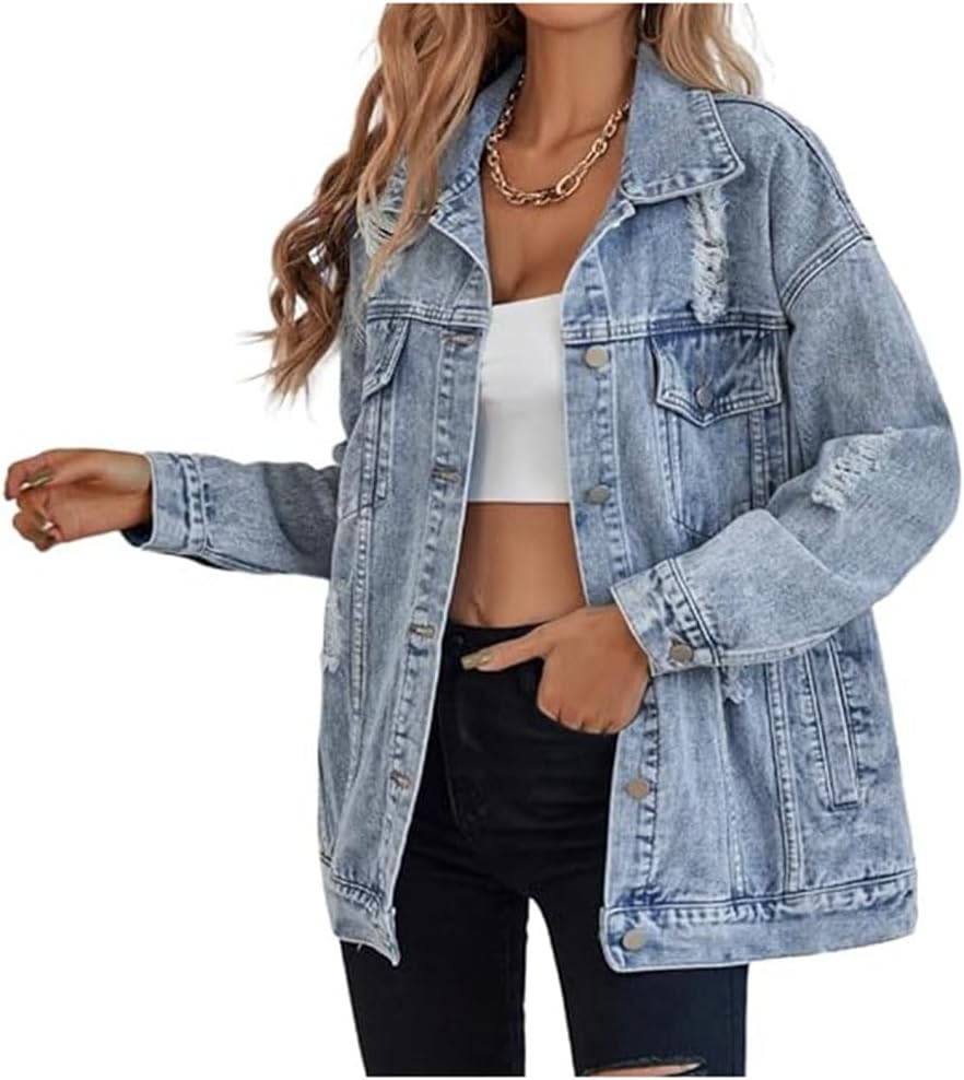 LifeShe Women's long oversized denim jacket boyfriend ripped distressed jean jac...