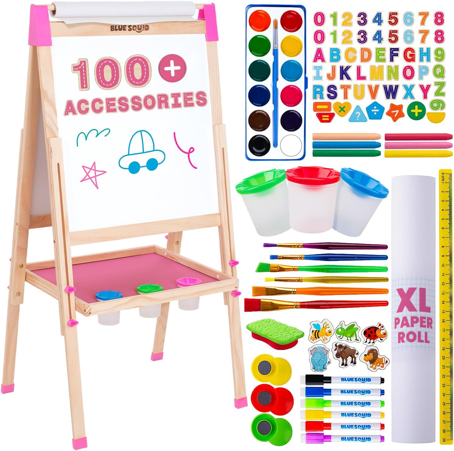 Blue Squid Art Easel for Kids - Dual-Sided Adjustable Wooden Painting Easels, Id...