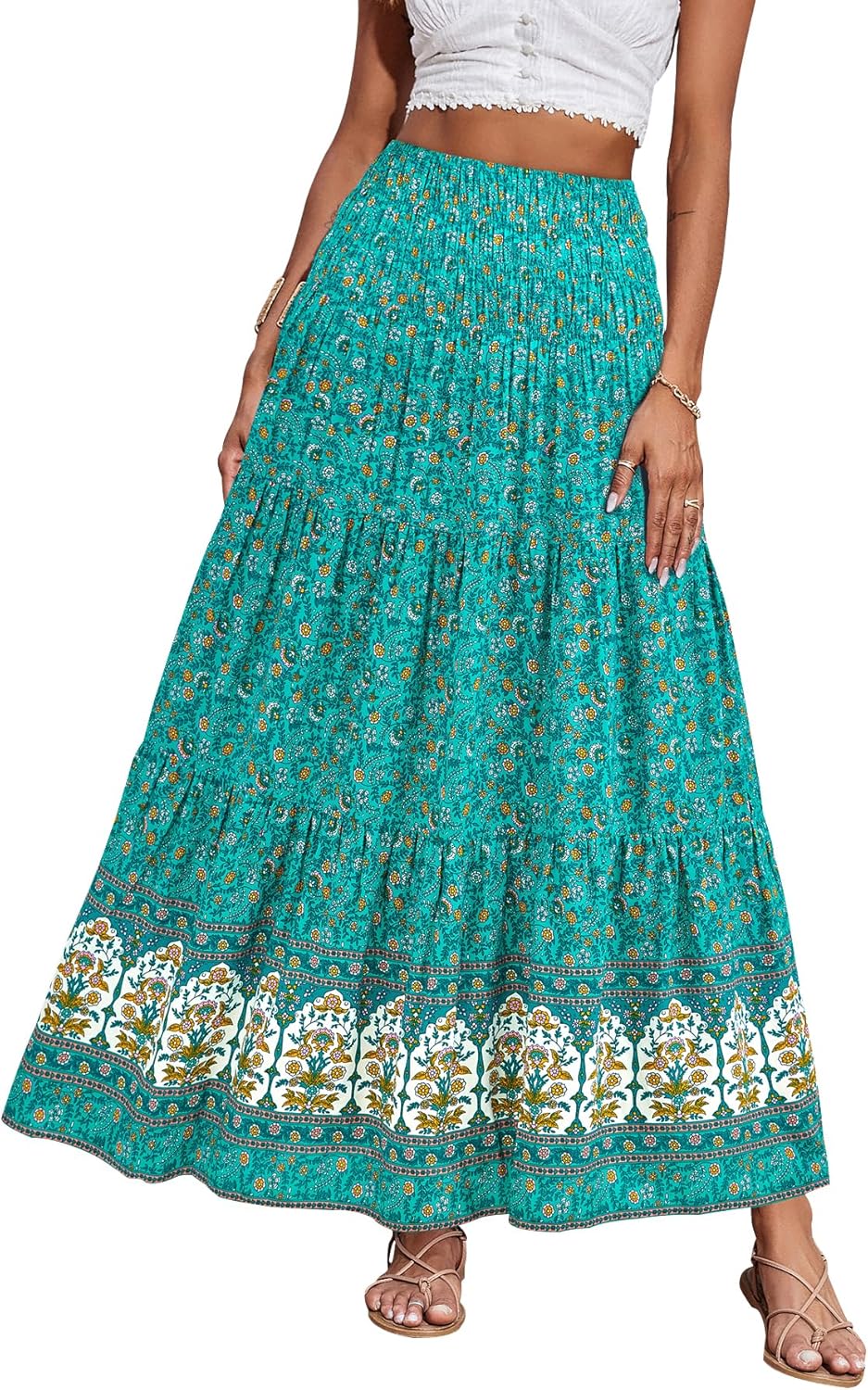 CFLONGE Women's 2024 Bohemian Long Skirts Flowy High Waist A Line Maxi Skirts fo...