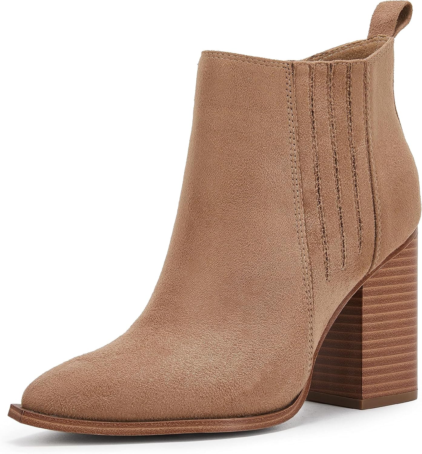 Womens Pointed Toe Slip on Ankle Booties Stacked Mid Block Heel Shoes Faux Leath...