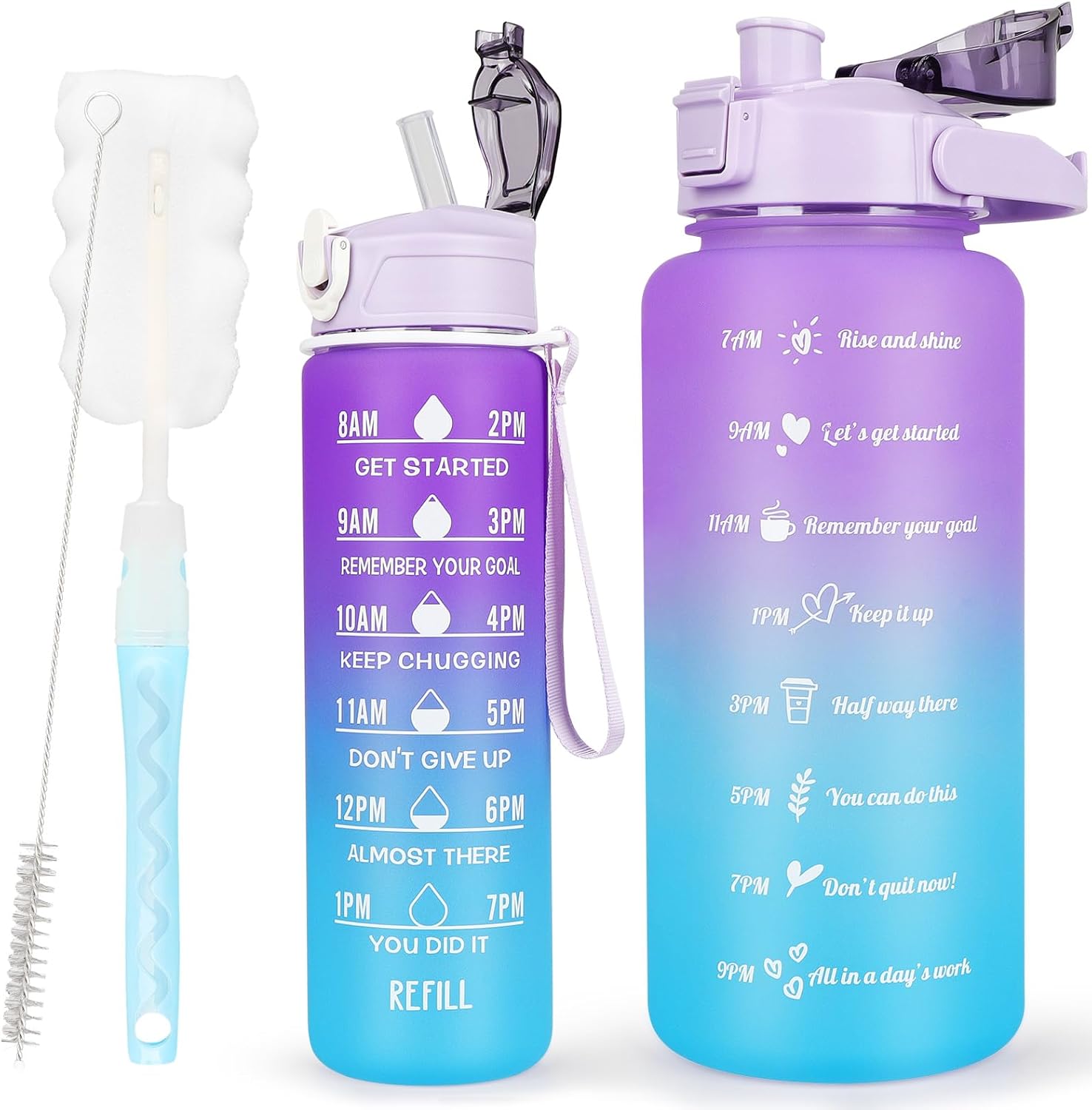 2 Pack Water Bottles BPA Free 2L+750ml, Sport Water Bottle with Time Marking & S...