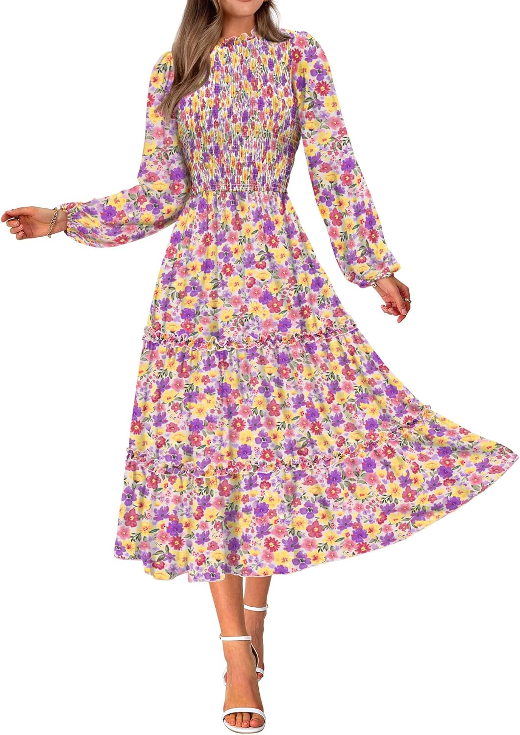 NOLLSOM Women 2024 Fall Dress Floral Boho Dress Casual Long Sleeve Crew Neck Ruf...