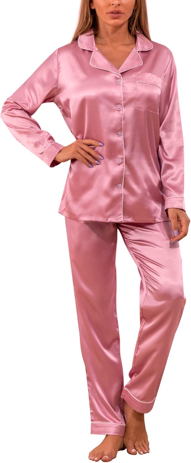 YIMANIE Womens Pajamas Silk Satin Pajama Sets for Women Soft Button Down Womens...