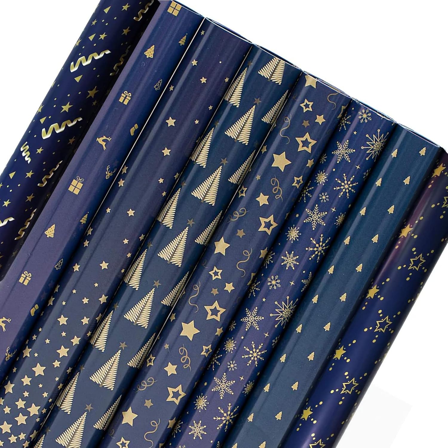 8 Sheets Christmas Wrapping Paper,43 * 100CM Blue and Gold Gift Wrapping Paper w...