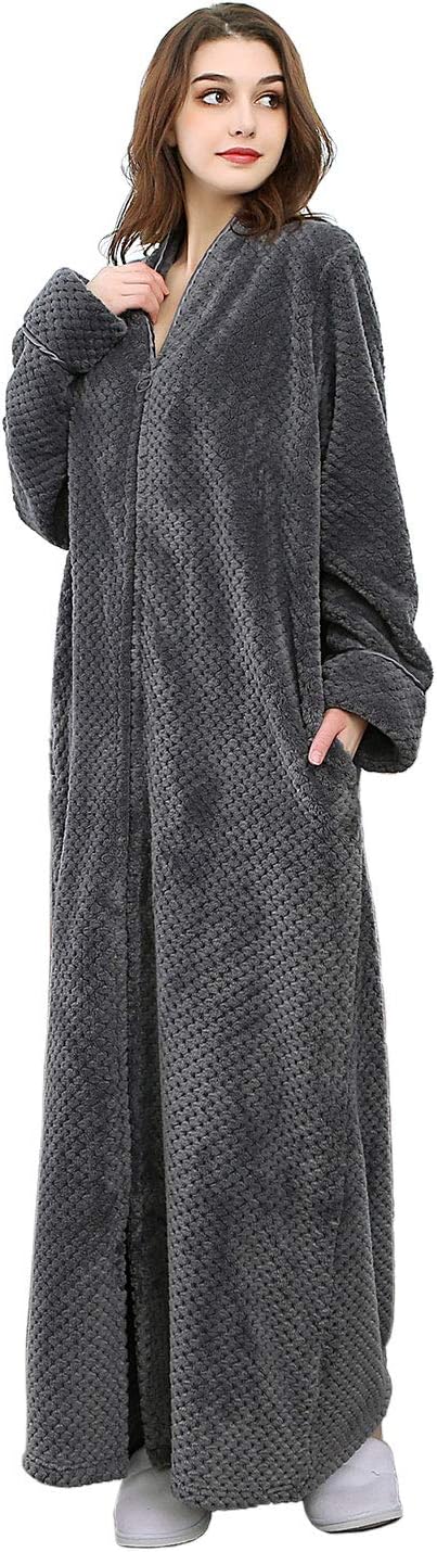 Hellomamma Womens Robes Warm Plush Winter Robe, Zip up Long Fleece Bath Robes Fe...
