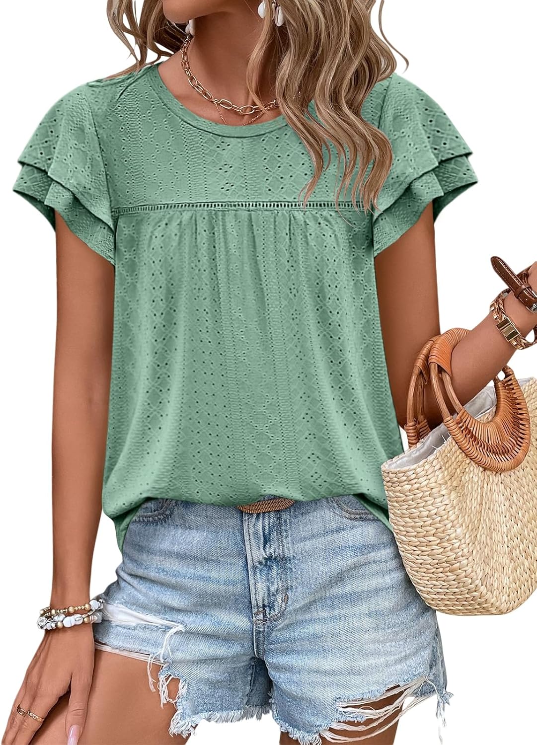 Zwurew Womens Summer Tops Crewneck Eyelet Ruffle Sleeve Blouses Casual Babydoll...