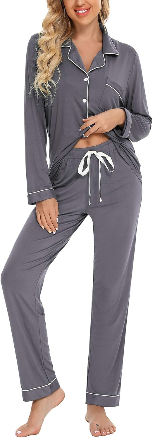 Anjue Pajamas for Women Soft Button Up Pajama Set Long Sleeve Shirt and Pajama P...