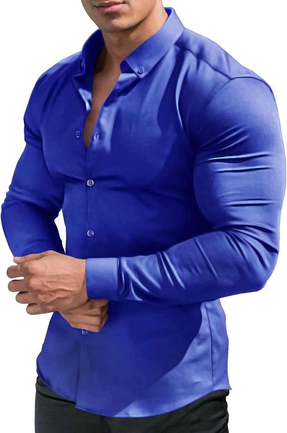 URRU Men's Muscle Dress Shirts Slim Fit Stretch Long&Short Sleeve Casual Button...