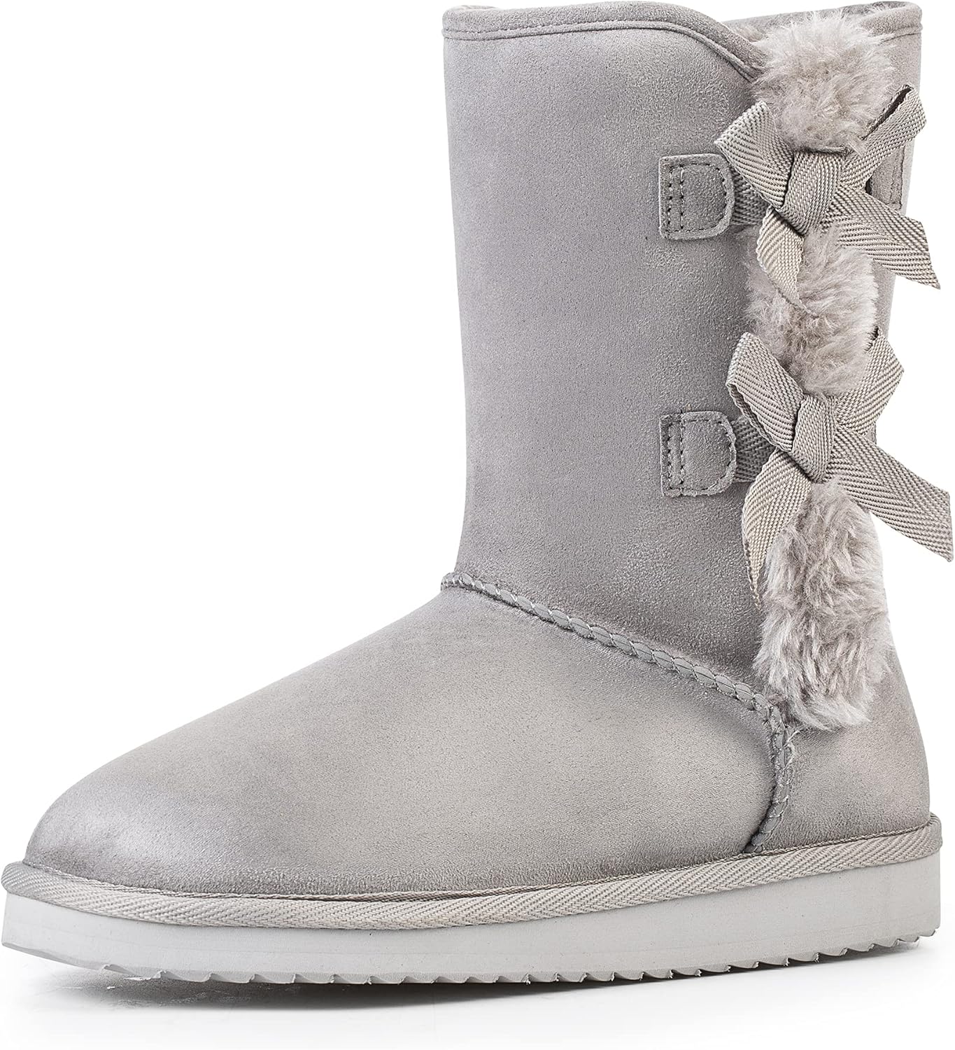 KRABOR Womens Suede Snow Boots Mid-Calf Winter Shoes with Side Bows 7 Grey