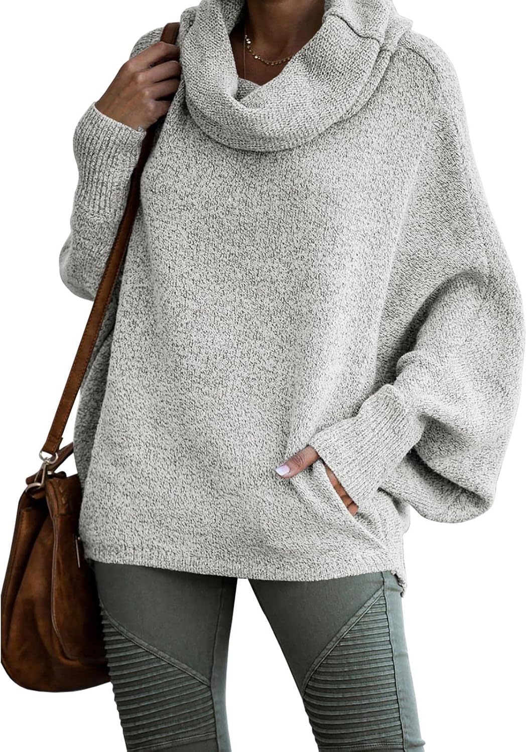 Womens Cowl Neck Pullover Sweaters with Pockets Lantern Long Sleeve Knit Casual...