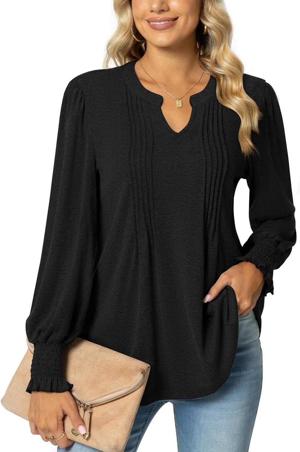 syoss Women's V-Neck Puff Long Sleeve Pleated T-Shirts Fashion Fall Tops Casual...