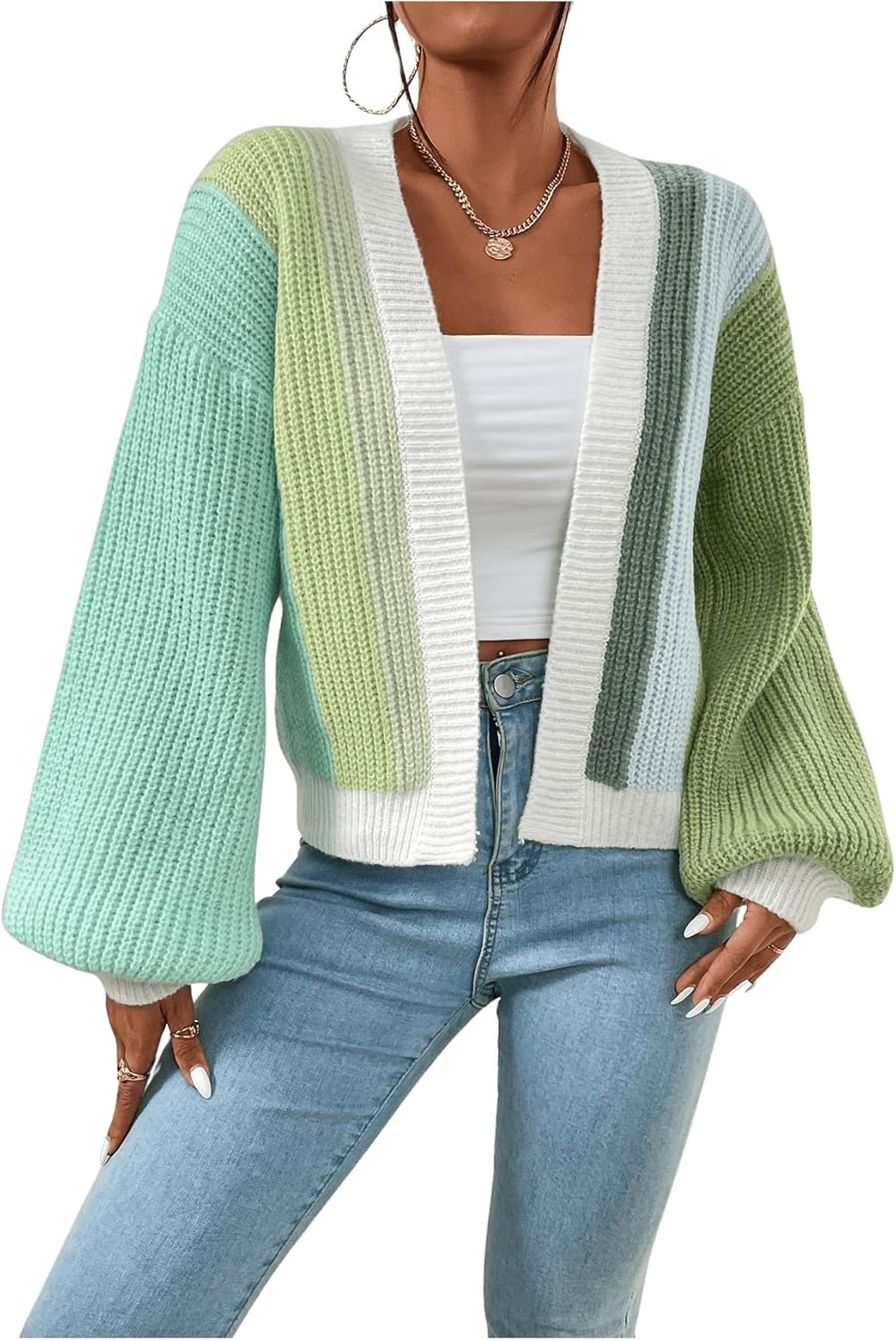 SHENHE Women's Color Block Open Front Long Sleeve Ribbed Knit Cropped Cardigan S...