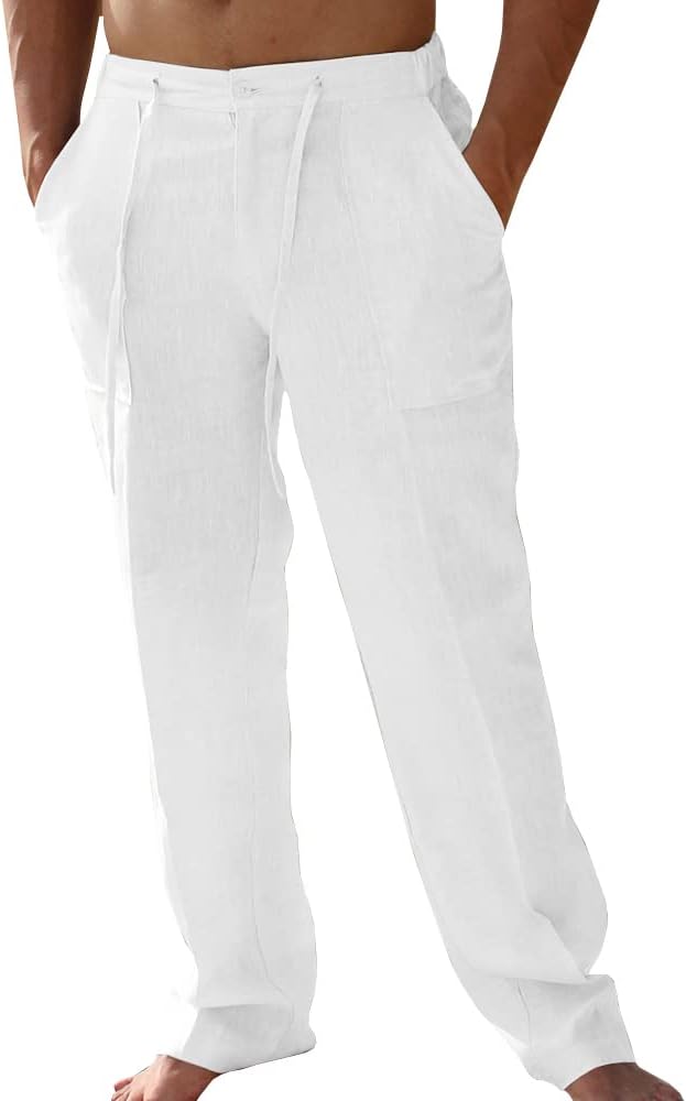 PASLTER Mens Casual Linen Pants Loose Fit Elastic Drawstring Waist Straight-Legs...