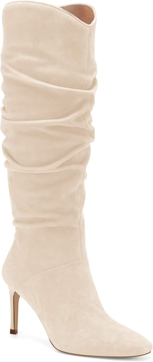 Coutgo Womens Knee High Boots Faux Suede Almond Toe Stiletto High Heel Slouchy S...