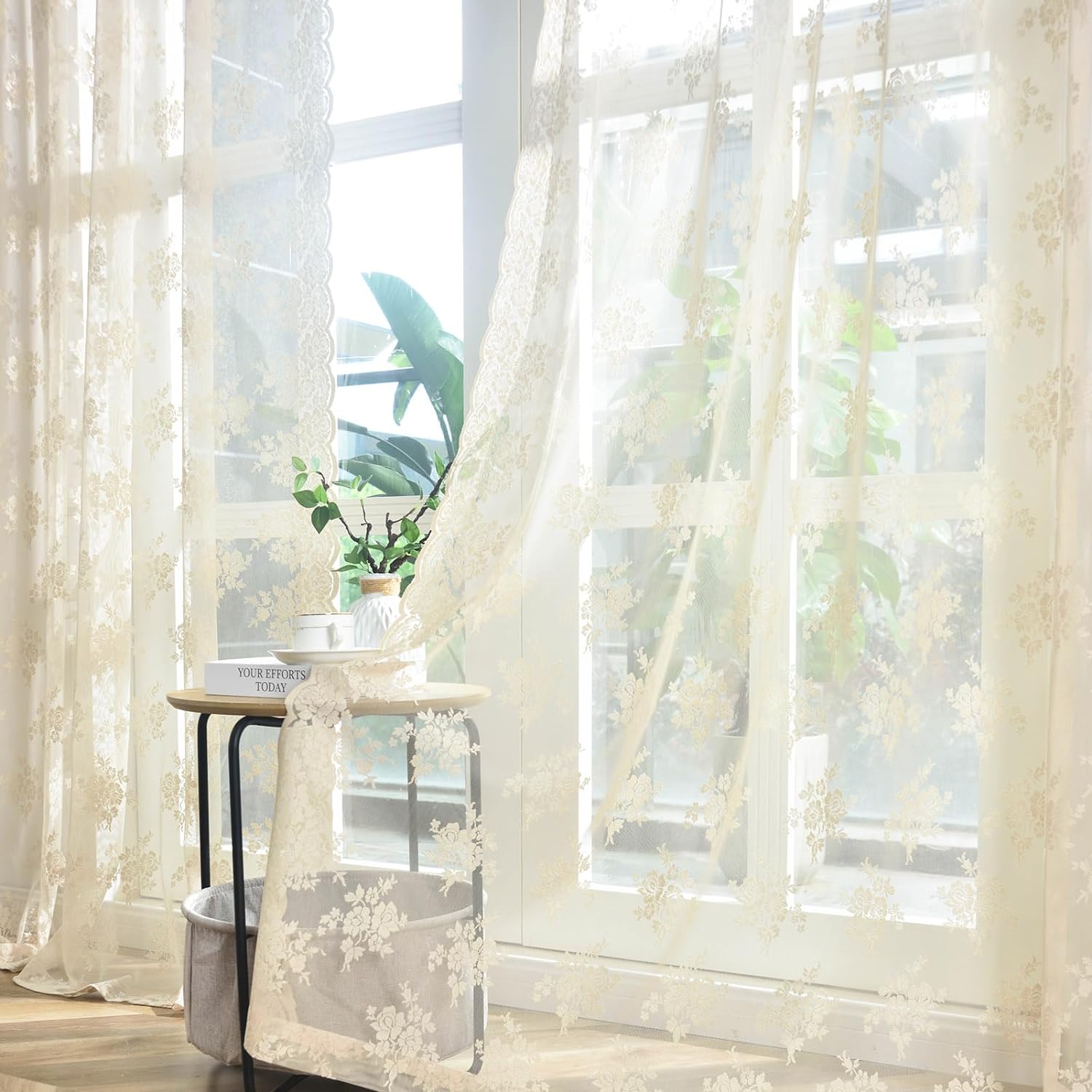 Kotile Beige Lace Curtains 84 Inches Long 2 Panels, Country Rustic Floral Patter...