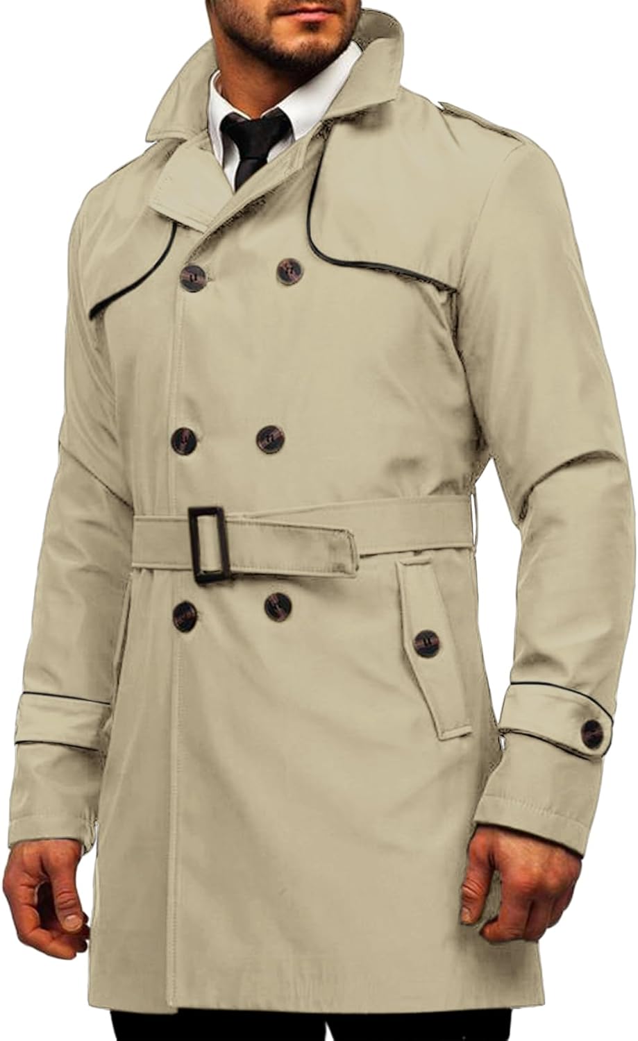 Makkrom Men's Trench Coat Slim fit Double Breasted Notched Lapel Belted Windbrea...