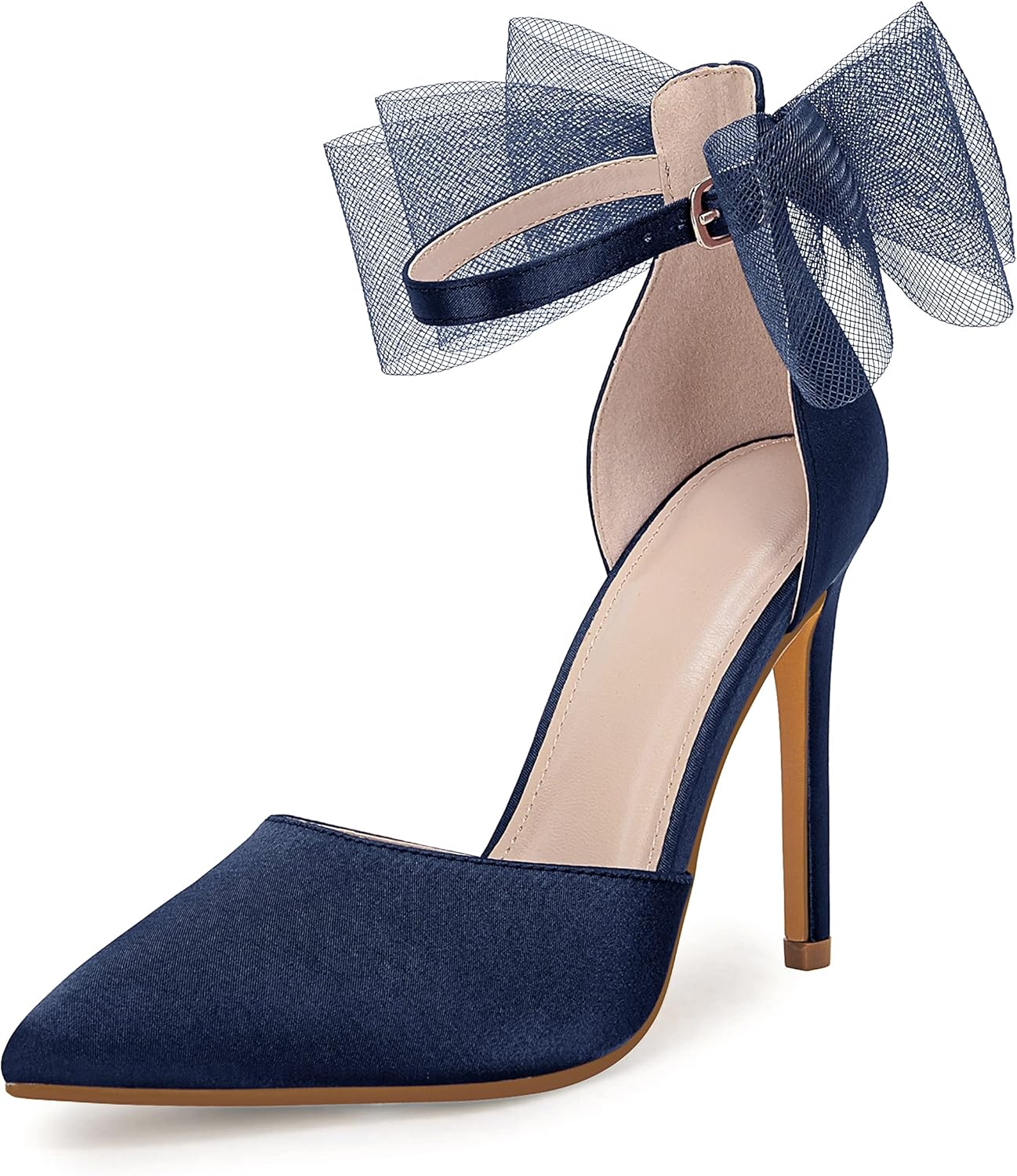 Coutgo Women's Closed Pointed Toe High Heels with Bow Knot Ankle Strap Satin Sti...