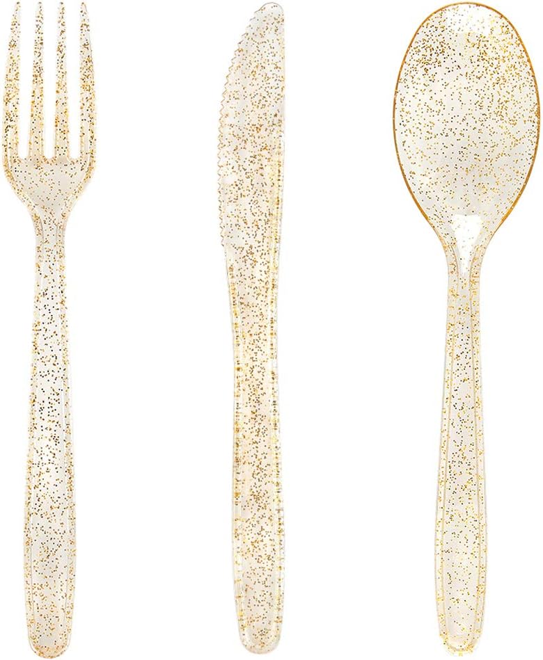 WDF 360 Gold Plastic Silverware - Disposable Gold Glitter Plastic Cutlery - Plas...