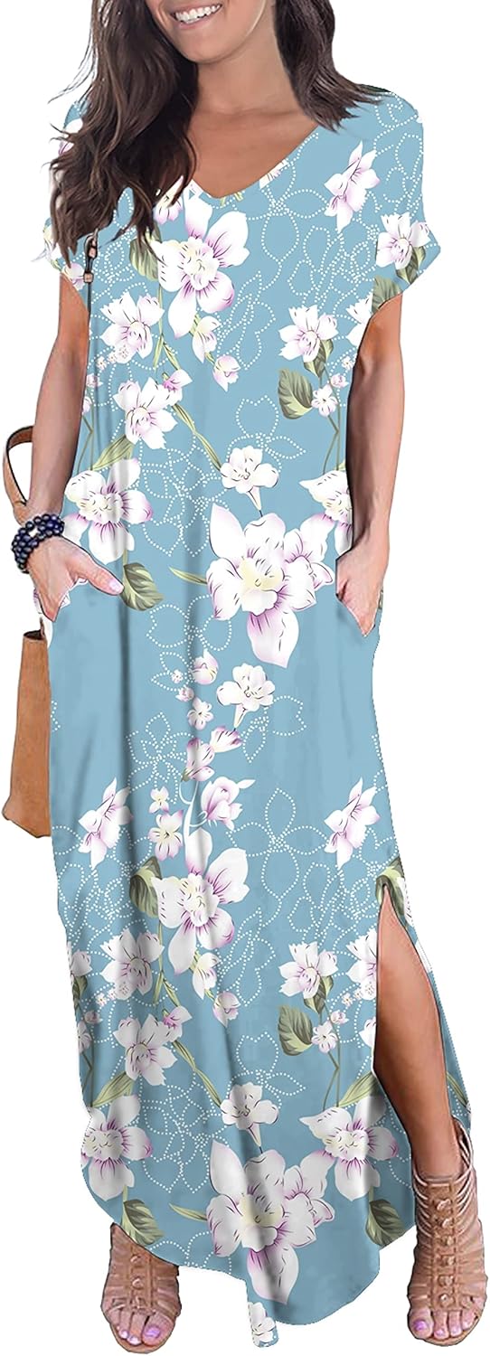 GRECERELLE Women's Casual Loose Pocket Long Dress Short Sleeve Split Maxi Dresse...