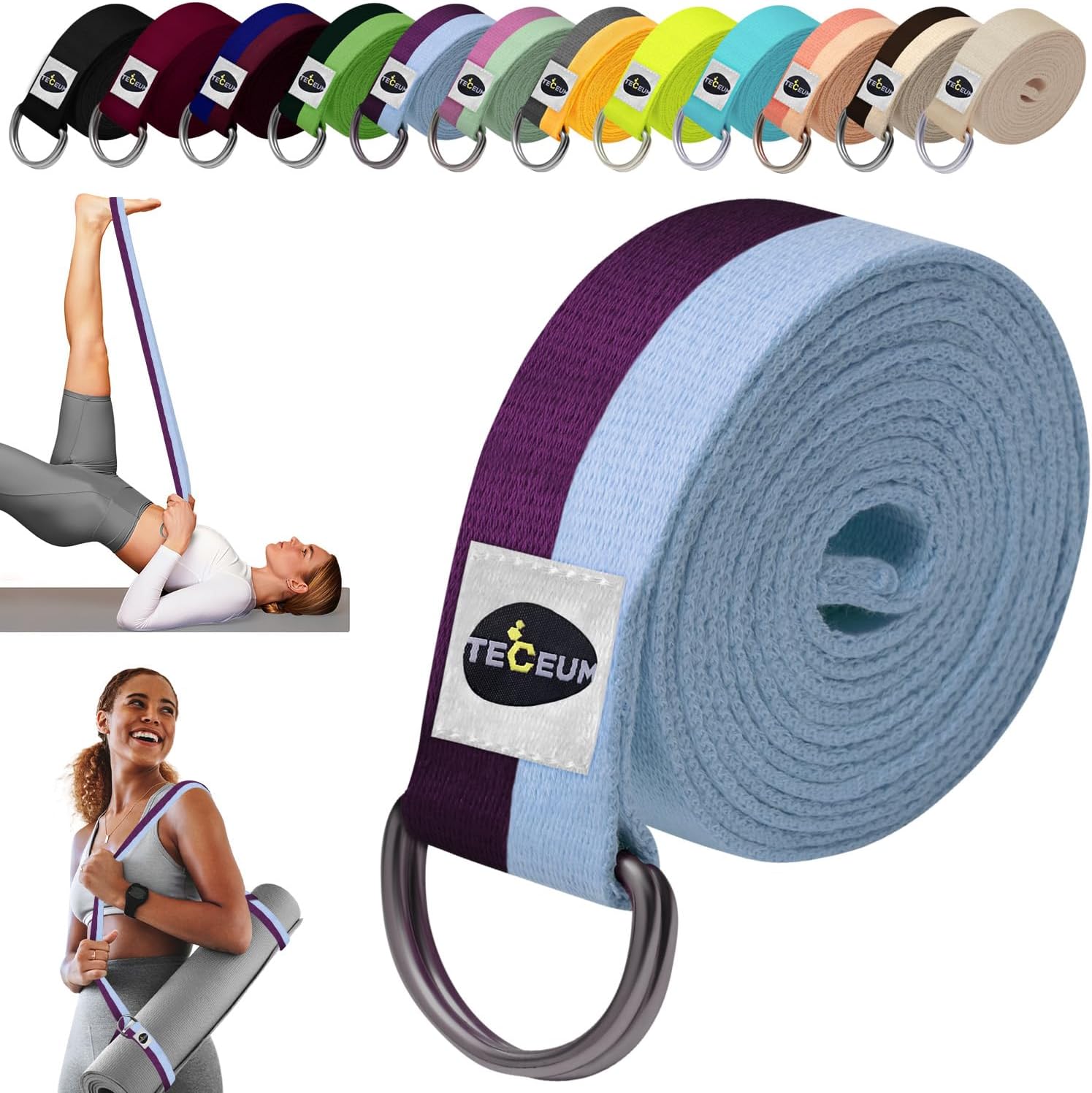 TECEUM [New 2025] Yoga & Mat Strap – 2 in 1 – Cotton – 6 ft 8 ft 10 ft (30+ Colo...