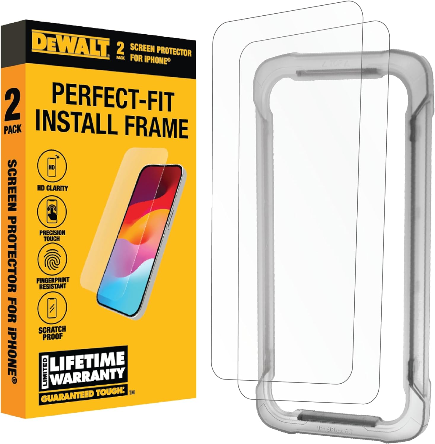 DEWALT Glass Screen Protector for iPhone 15, 2 Pack Tempered Glass Screen Protec...