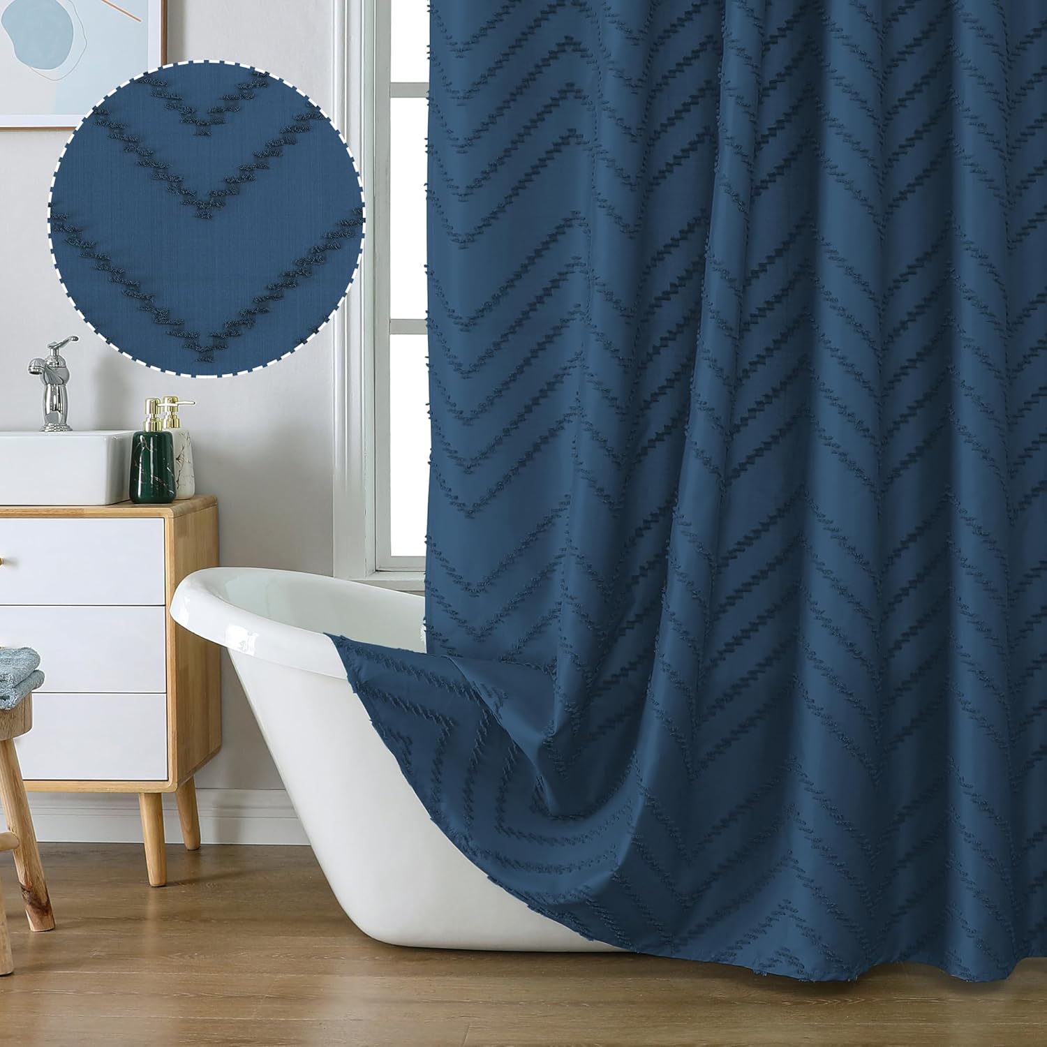 Chyhomenyc Chevron Dusty Blue Boho Shower Curtain 72x72 inches, Fabric Shower Cu...